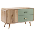 **Technische titel in het Nederlands: Modern houten dressoir met groene lades en goudkleurige handgrepen**