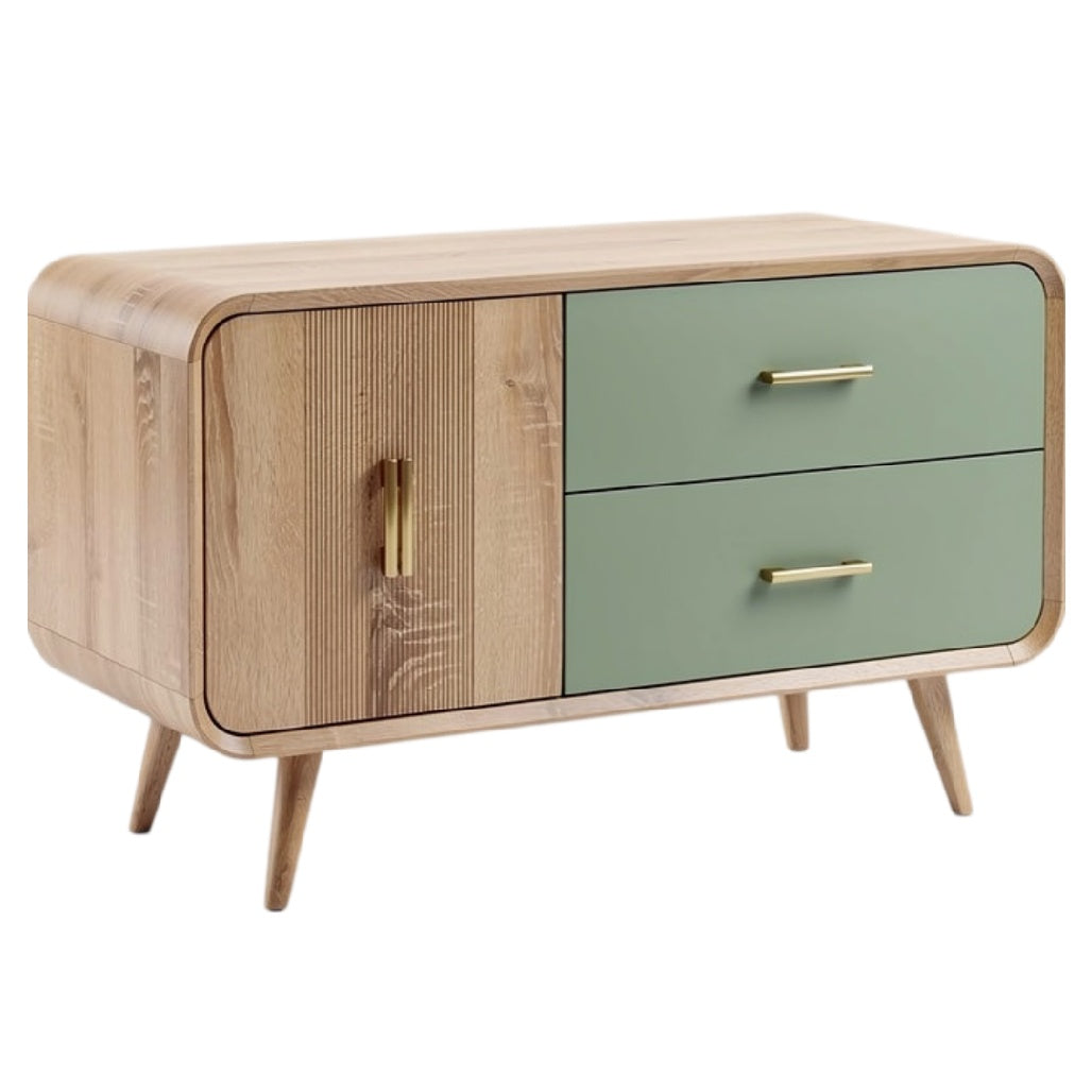 **Technische titel in het Nederlands: Modern houten dressoir met groene lades en goudkleurige handgrepen**