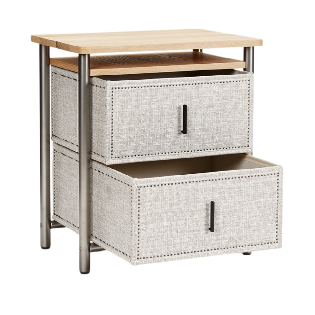 **Moderne Nachtkast met Houten Bovenblad en Textiel Lades**